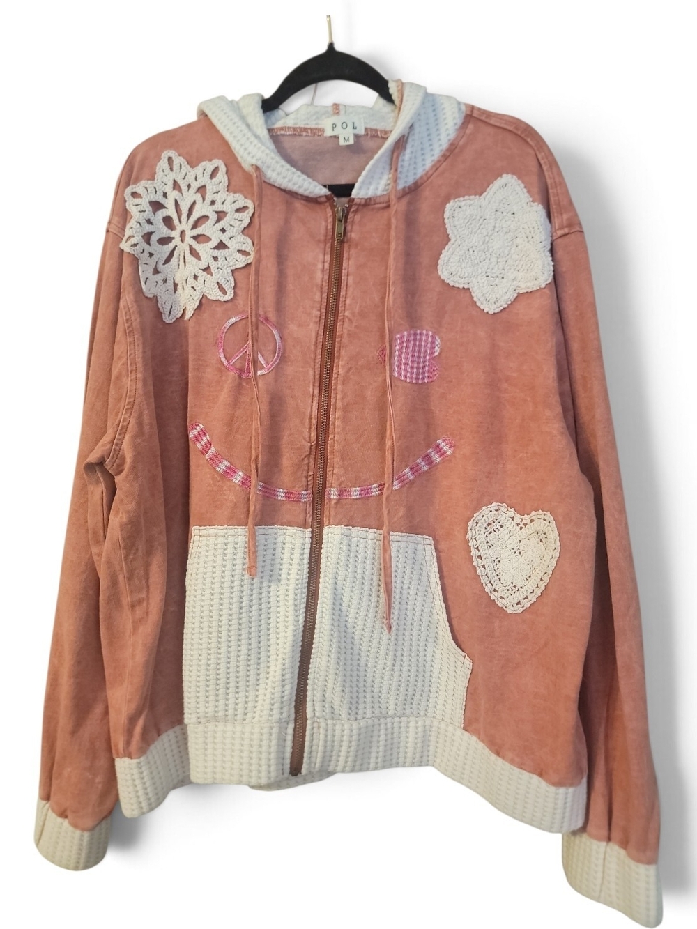 POL Rust Pink Appliqué Bomber Jacket with Crochet Accents